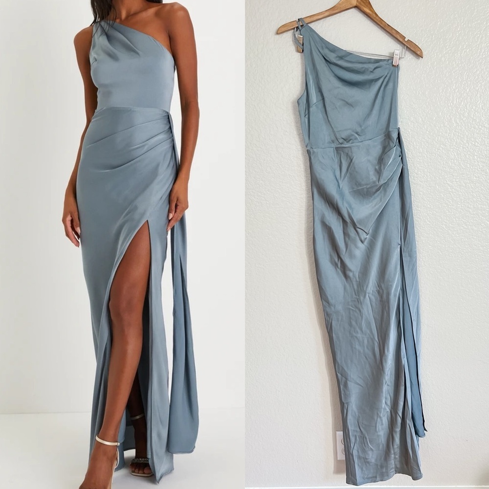 NWOT Signature Elegance Slate Blue Satin One-Shoulder Maxi Dress